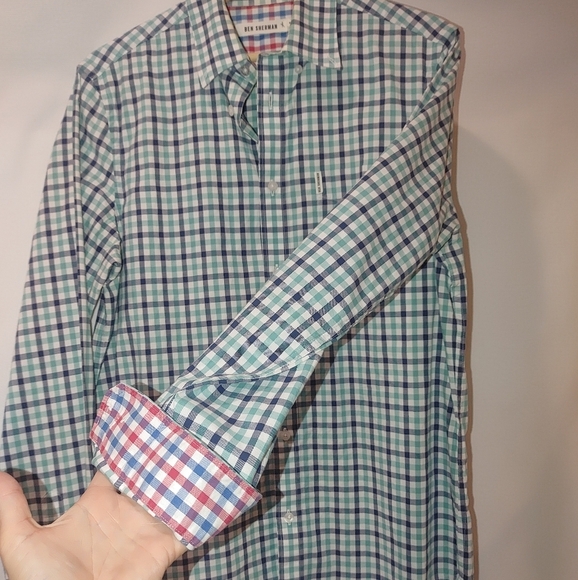 Ben Sherman The House Gingham Shirt Button Front Long Sleeve Green Blue Medium - Picture 4 of 8